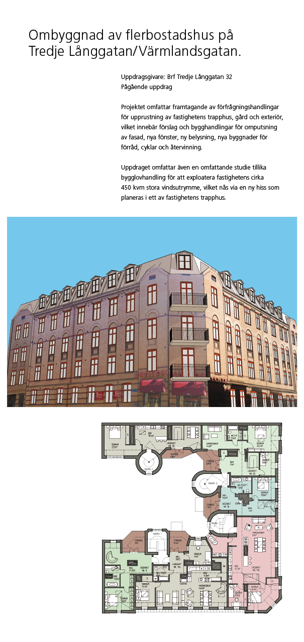Projektet omfattar framtagande av förfrågningshandlingar för upprustning av fastighetens trapphus, gård och exteriör, vilket innebär förslag och bygghandlingar för omputsning av fasad, nya fönster, ny belysning, nya byggnader för  förråd, cyklar och återvinning. 